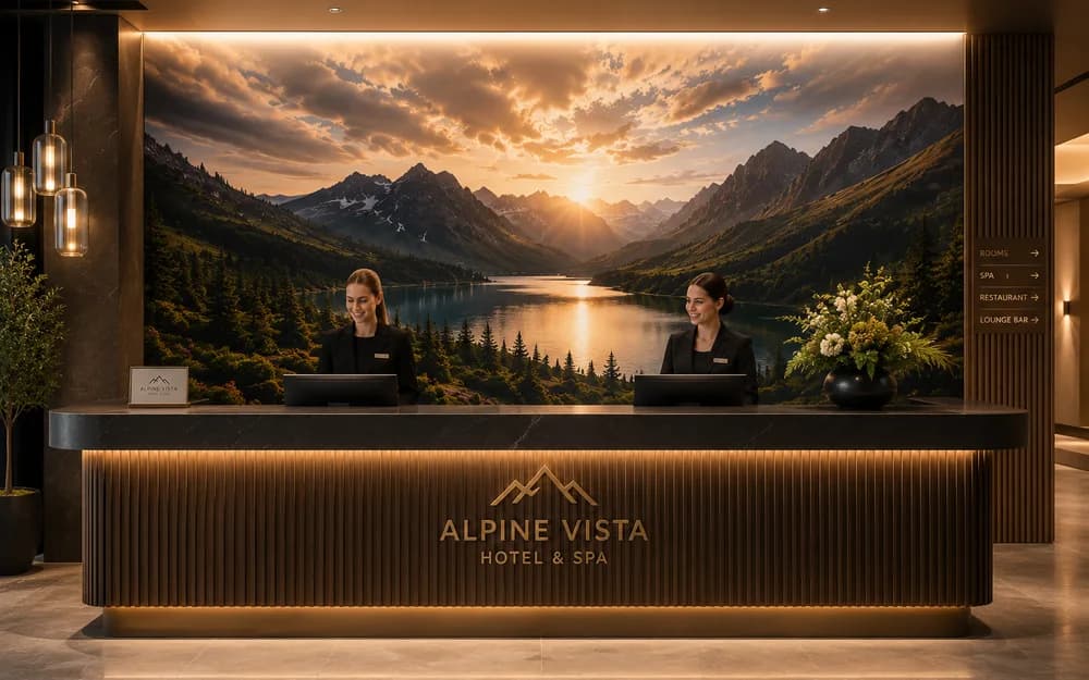 Nagyméretű egyedi tapéta egy prémium hotel recepciója mögött — bármilyen méretben