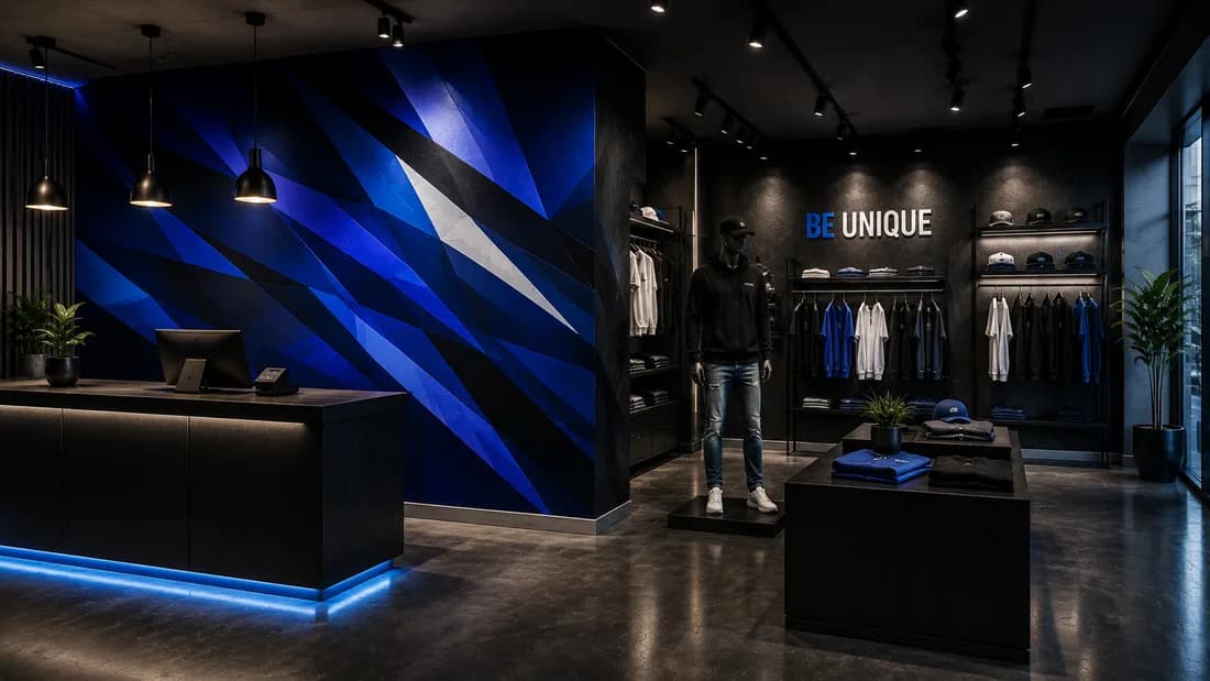 Egyedi tapéta üzletben — prémium showroom faldekoráció